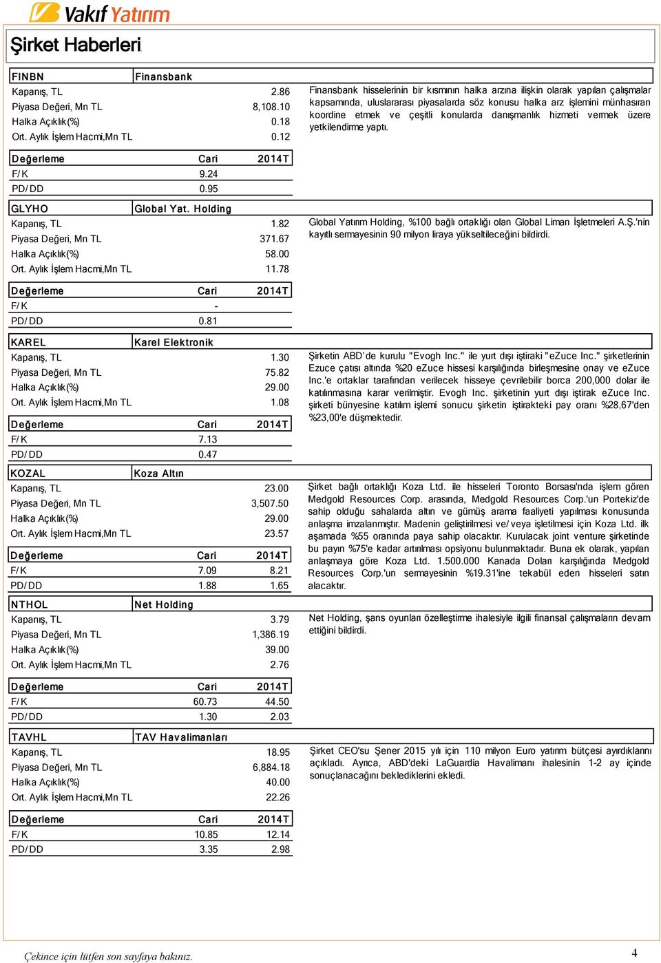 konularda danışmanlık hizmeti vermek üzere yetkilendirme yaptı. F/ K 9.24 PD/ DD 0.95 GLYHO Global Yat. Holding Kapanış, TL 1.82 Piyasa Değeri, Mn TL 371.67 Halka Açıklık(%) 58.00 Ort.