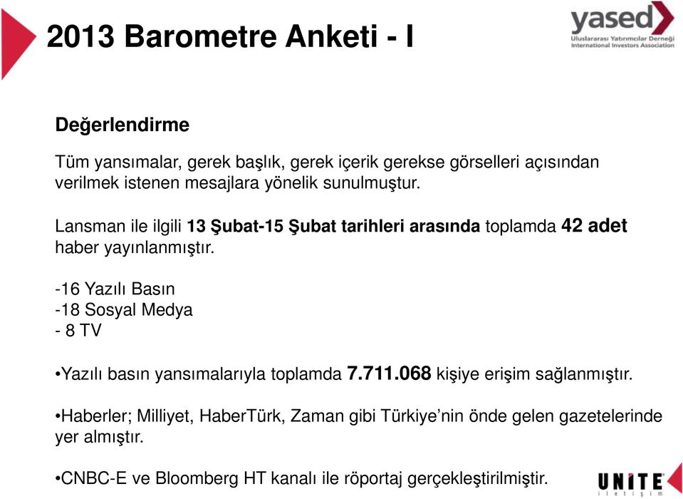 -16 Yazılı Basın -18 Sosyal Medya - 8 TV Yazılı basın yansımalarıyla toplamda 7.711.068 kişiye erişim sağlanmıştır.