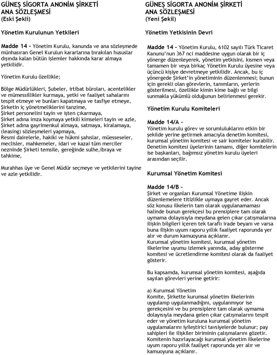 Şirketin iç yönetmeliklerini tanzime, Şirket personelini tayin ve işten çıkarmaya, Şirket adına imza koymaya yetkili kimseleri tayin ve azle, Şirket adına gayrimenkul almaya, satmaya, kiralamaya,