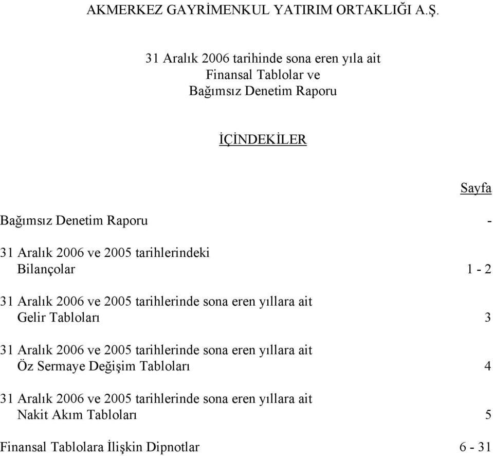 - 31 Aralık 2006 ve 2005 tarihlerindeki Bilançolar 1-2 Gelir