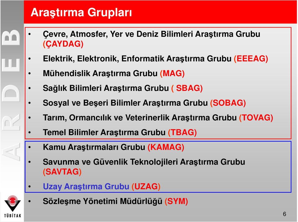 Grubu (SOBAG) Tarım, Ormancılık ve Veterinerlik Araştırma Grubu (TOVAG) Temel Bilimler Araştırma Grubu (TBAG) Kamu Araştırmaları