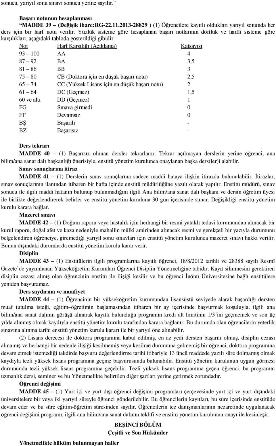 Yüzlük sisteme göre hesaplanan başarı notlarının dörtlük ve harfli sisteme göre karşılıkları, aşağıdaki tabloda gösterildiği gibidir: Not Harf Karşılığı (Açıklama) Katsayısı 93 100 AA 4 87 92 BA 3,5