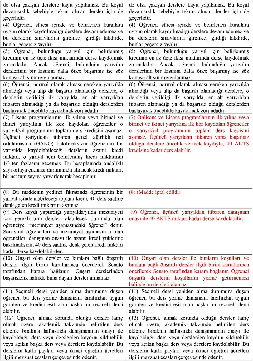 (5) Öğrenci, bulunduğu yarıyıl için belirlenmiş kredinin en az üçte ikisi miktarında derse kaydolmak zorundadır.