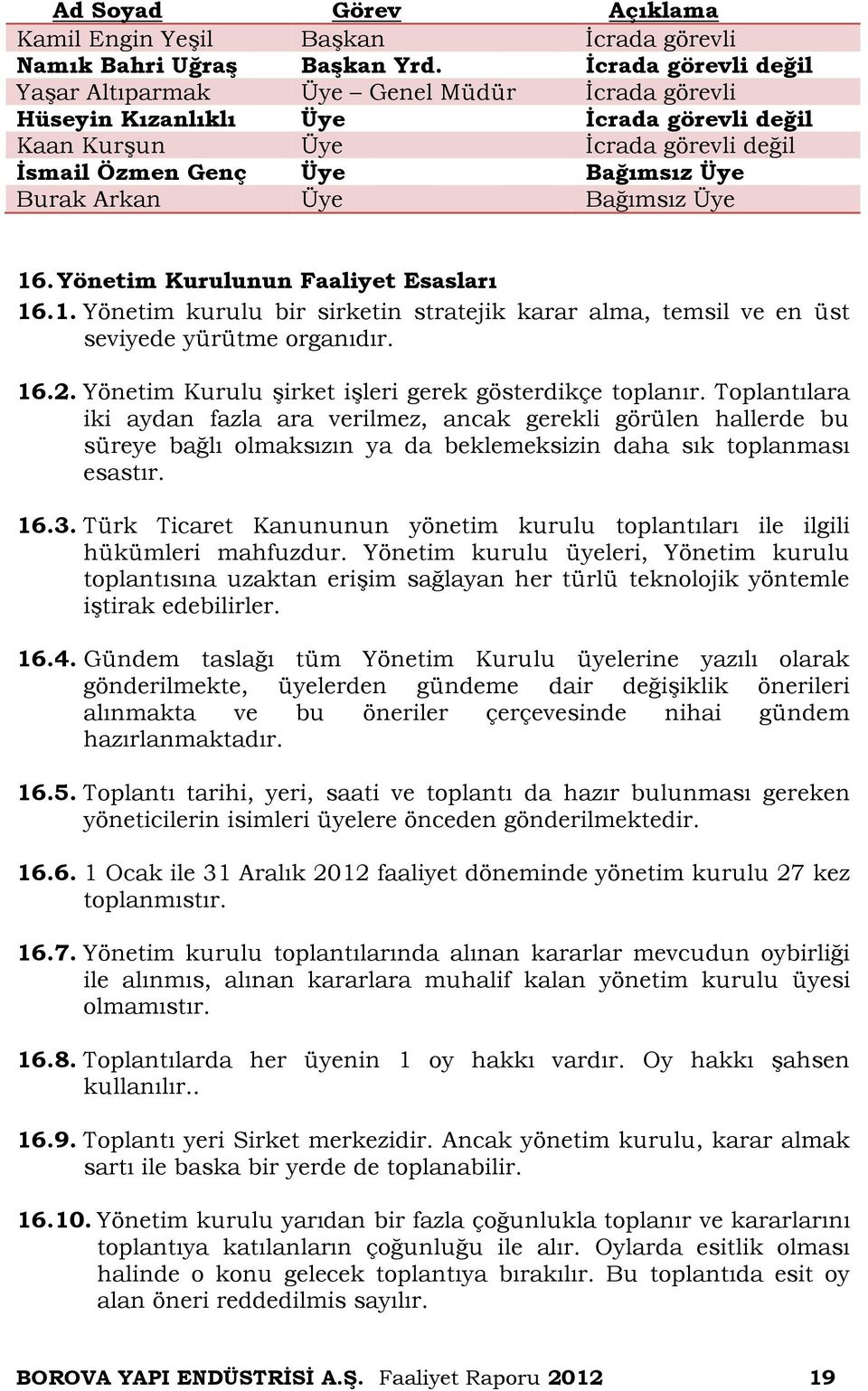 Üye Bağımsız Üye 16. Yönetim Kurulunun Faaliyet Esasları 16.1. Yönetim kurulu bir sirketin stratejik karar alma, temsil ve en üst seviyede yürütme organıdır. 16.2.