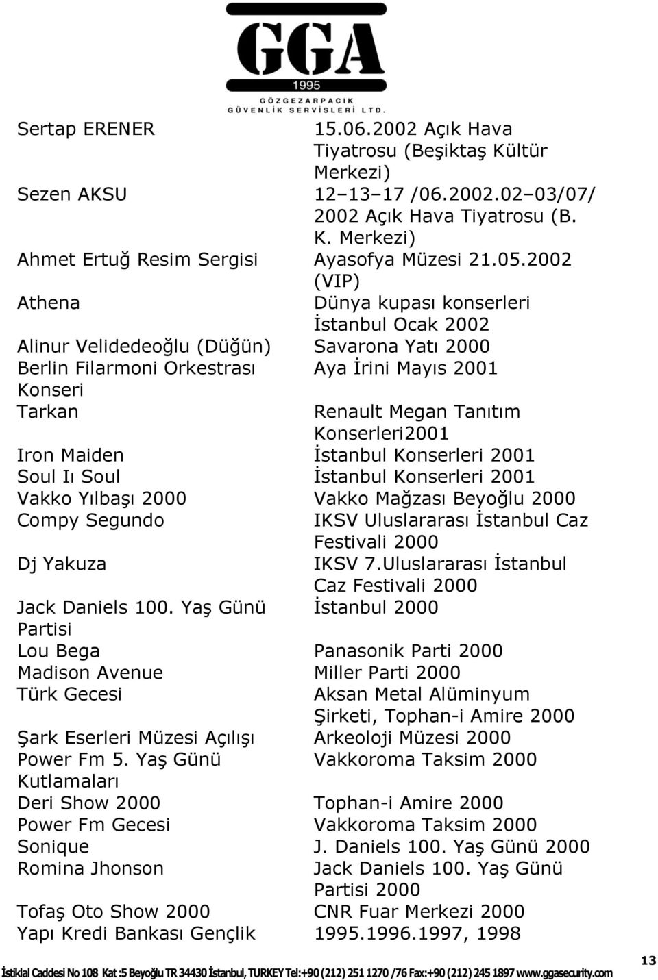 Konserleri2001 Iron Maiden Ġstanbul Konserleri 2001 Soul Iı Soul Ġstanbul Konserleri 2001 Vakko YılbaĢı 2000 Vakko Mağzası Beyoğlu 2000 Compy Segundo IKSV Uluslararası Ġstanbul Caz Festivali 2000 Dj