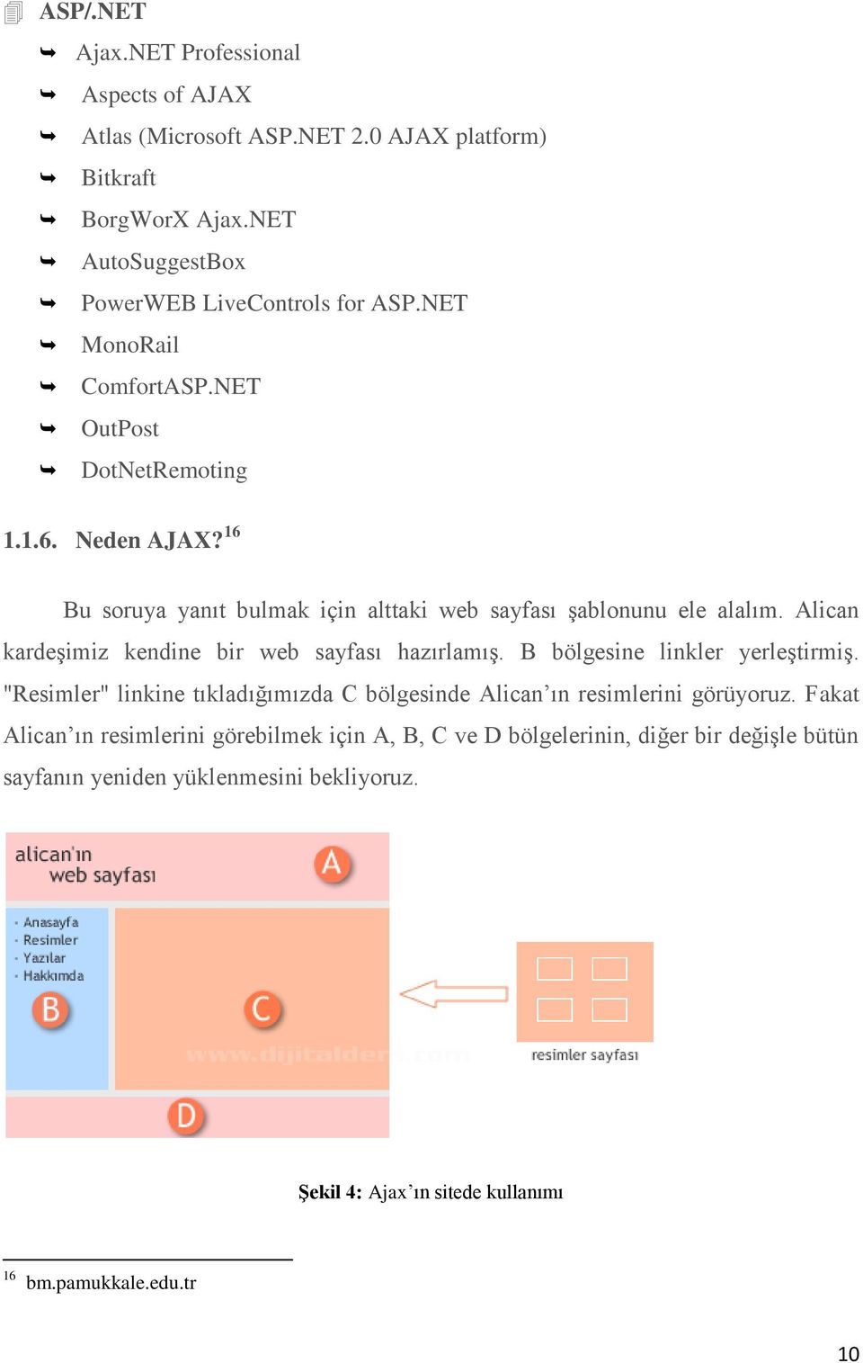 Alican kardeşimiz kendine bir web sayfası hazırlamış. B bölgesine linkler yerleştirmiş. "Resimler" linkine tıkladığımızda C bölgesinde Alican ın resimlerini görüyoruz.