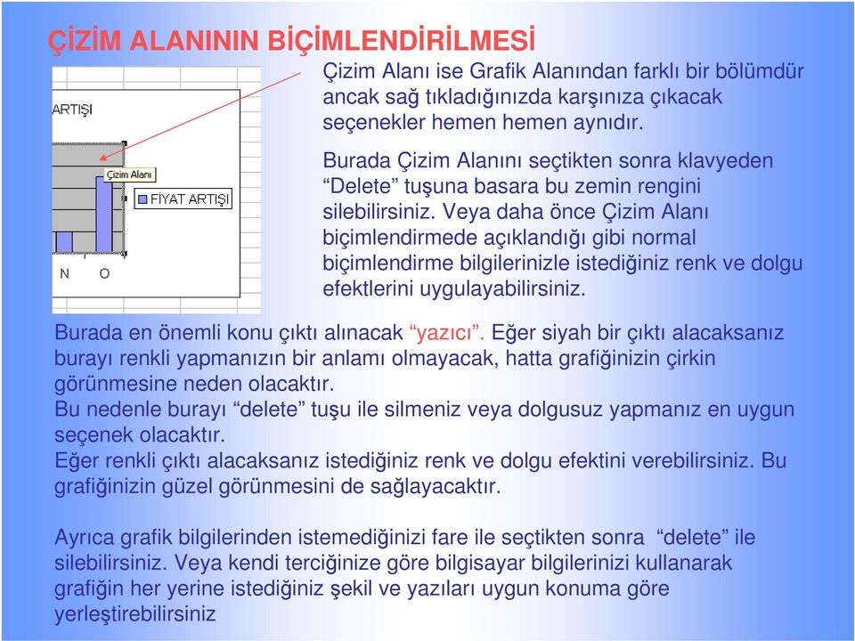 Veya daha önce Çizim Alanı biçimlendirmede açıklandıı gibi normal biçimlendirme bilgilerinizle istediiniz renk ve dolgu efektlerini uygulayabilirsiniz. Burada en önemli konu çıktı alınacak yazıcı.