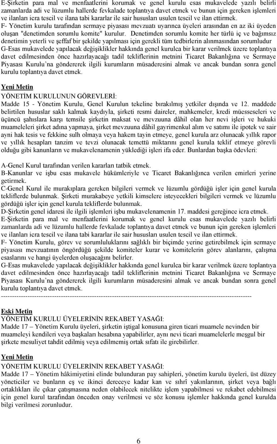 F- Yönetim kurulu tarafından sermaye piyasası mevzuatı uyarınca üyeleri arasından en az iki üyeden oluşan "denetimden sorumlu komite" kurulur.