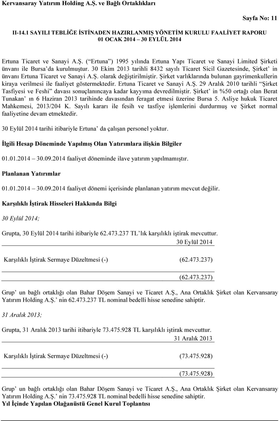 Şirket varlıklarında bulunan gayrimenkullerin kiraya verilmesi ile faaliyet göstermektedir. Ertuna Ticaret ve Sanayi A.Ş. 29 Aralık 2010 tarihli Şirket Tasfiyesi ve Feshi davası sonuçlanıncaya kadar kayyıma devredilmiştir.