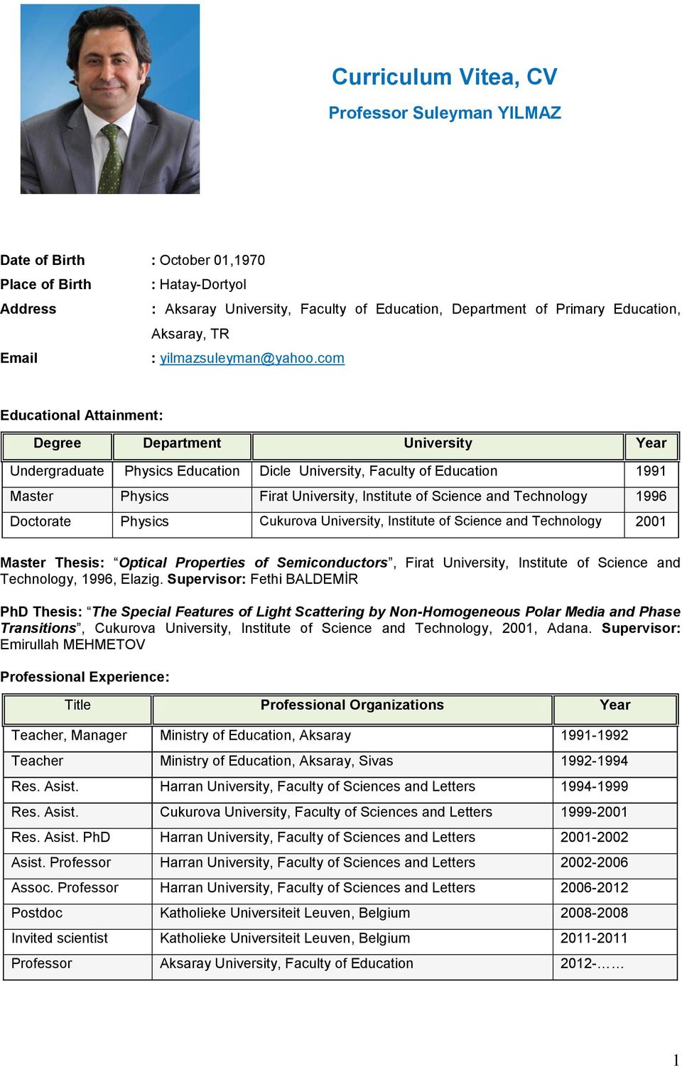 com Educational Attainment: Degree Department University Year Undergraduate Physics Education Dicle University, Faculty of Education 1991 Master Physics Firat University, Institute of Science and