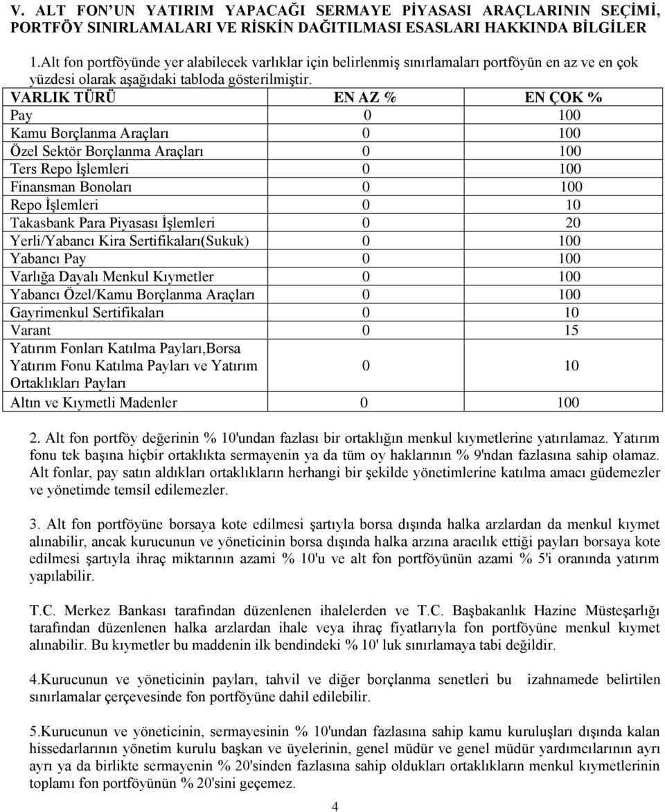 VARLIK TÜRÜ EN AZ % EN ÇOK % Pay 0 100 Kamu Borçlanma Araçları 0 100 Özel Sektör Borçlanma Araçları 0 100 Ters Repo İşlemleri 0 100 Finansman Bonoları 0 100 Repo İşlemleri 0 10 Takasbank Para