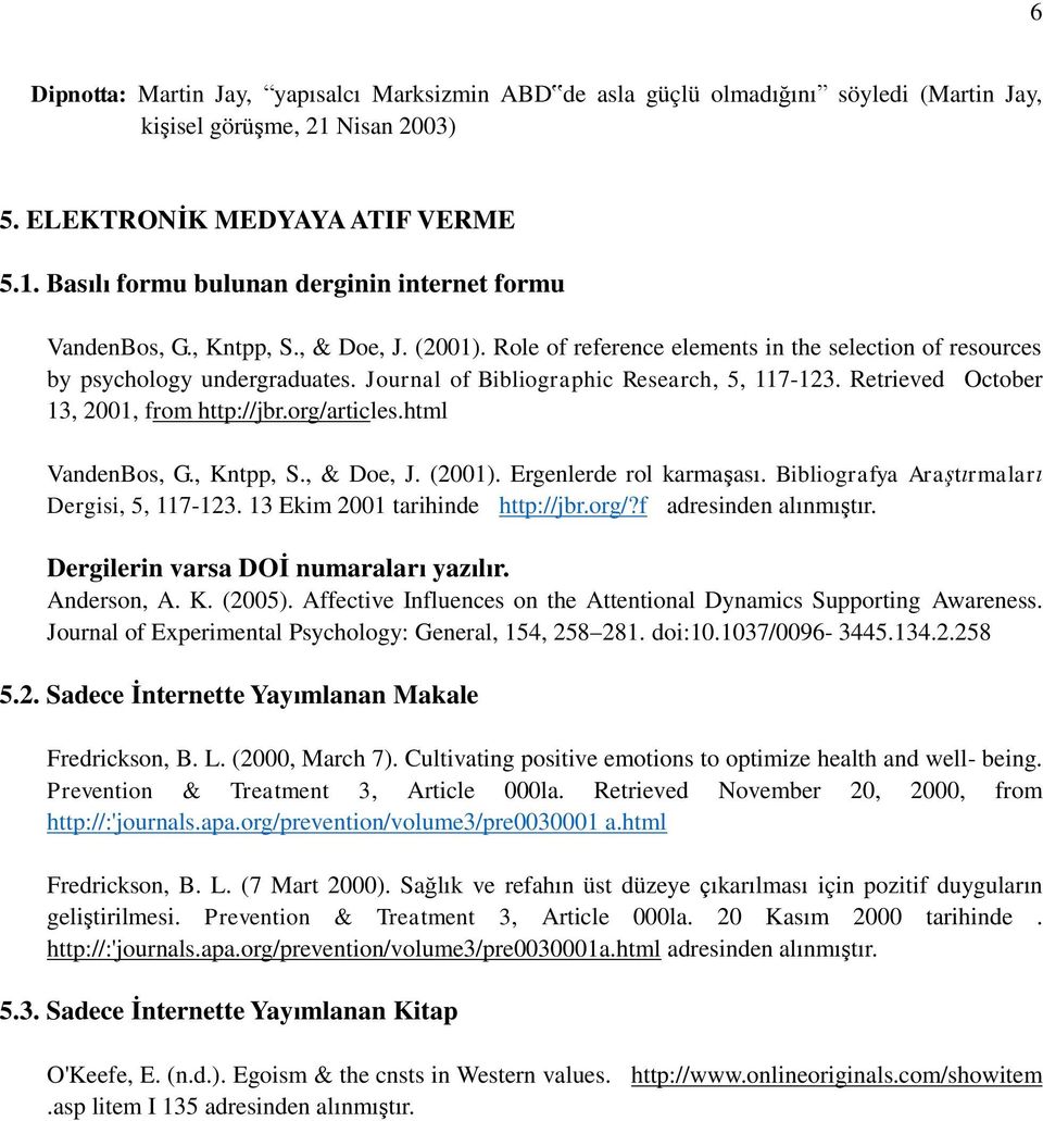 Retrieved October 13, 2001, from http://jbr.org/articles.html VandenBos, G., Kntpp, S., & Doe, J. (2001). Ergenlerde rol karmaşası. Bibliografya Araştırmaları Dergisi, 5, 117-123.