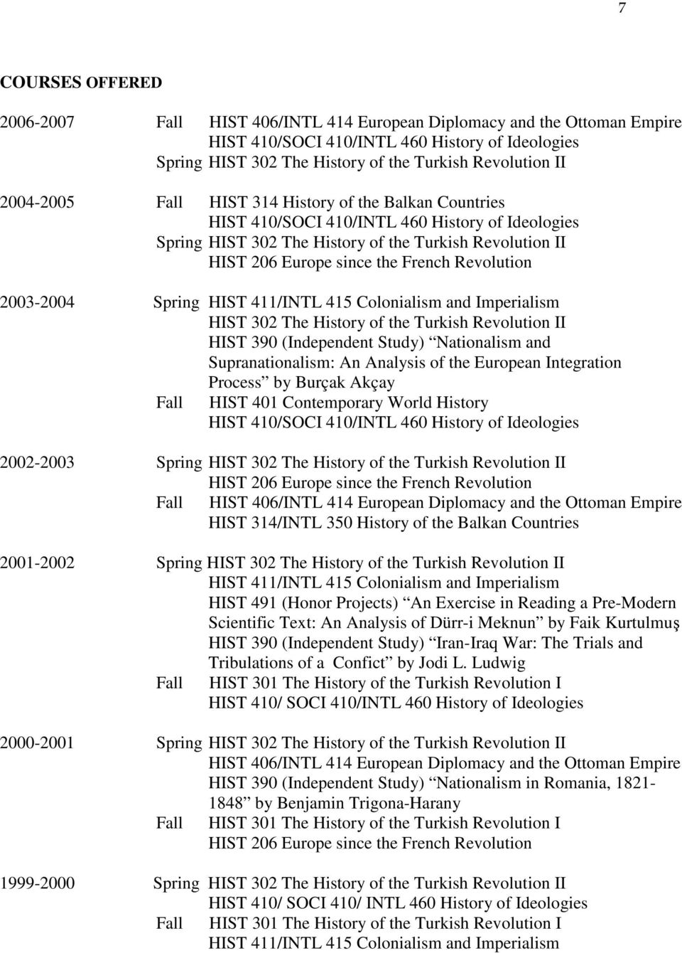 Colonialism and Imperialism HIST 302 The History of the Turkish Revolution II HIST 390 (Independent Study) Nationalism and Supranationalism: An Analysis of the European Integration Process by Burçak