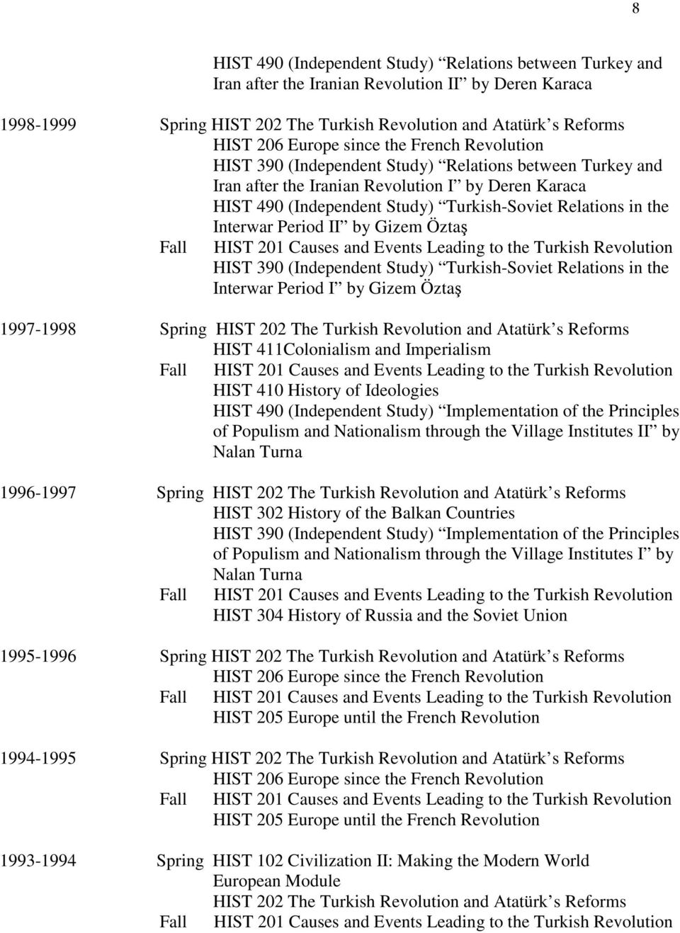 HIST 390 (Independent Study) Turkish-Soviet Relations in the Interwar Period I by Gizem Öztaş 1997-1998 Spring HIST 202 The Turkish Revolution and Atatürk s Reforms HIST 411Colonialism and