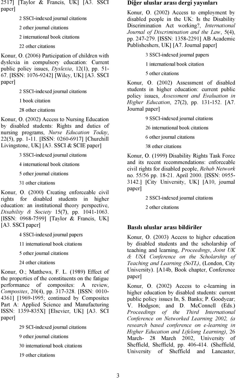 SSCI 1 book citation 28 other citations Konur, O. (2002) Access to Nursing Education by disabled students: Rights and duties of nursing programs, Nurse Education Today, 22(5), pp. 1-11.