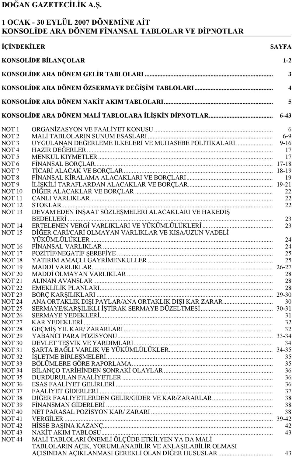 .. 6-43 NOT 1 ORGANİZASYON VE FAALİYET KONUSU... 6 NOT 2 MALİ TABLOLARIN SUNUM ESASLARI... 6-9 NOT 3 UYGULANAN DEĞERLEME İLKELERİ VE MUHASEBE POLİTİKALARI... 9-16 NOT 4 HAZIR DEĞERLER.