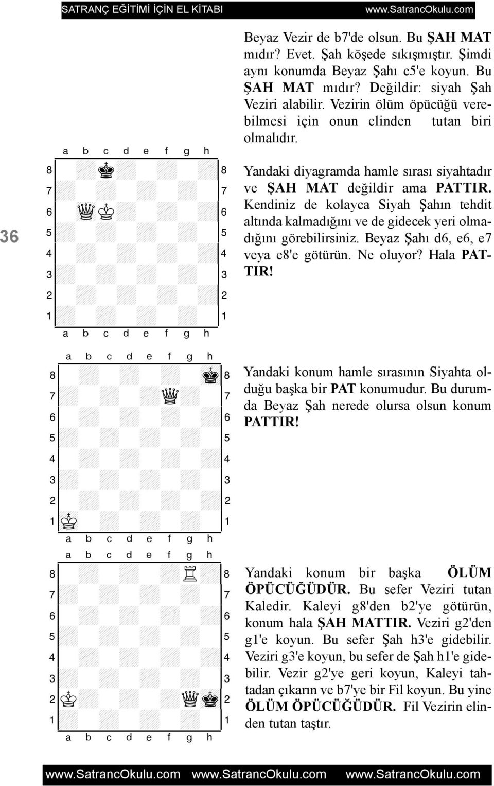 Yandaki diyagramda hamle sýrasý siyahtadýr ve ÞAH MAT deðildir ama PATTIR. Kendiniz de kolayca Siyah Þahýn tehdit altýnda kalmadýðýný ve de gidecek yeri olmadýðýný görebilirsiniz.