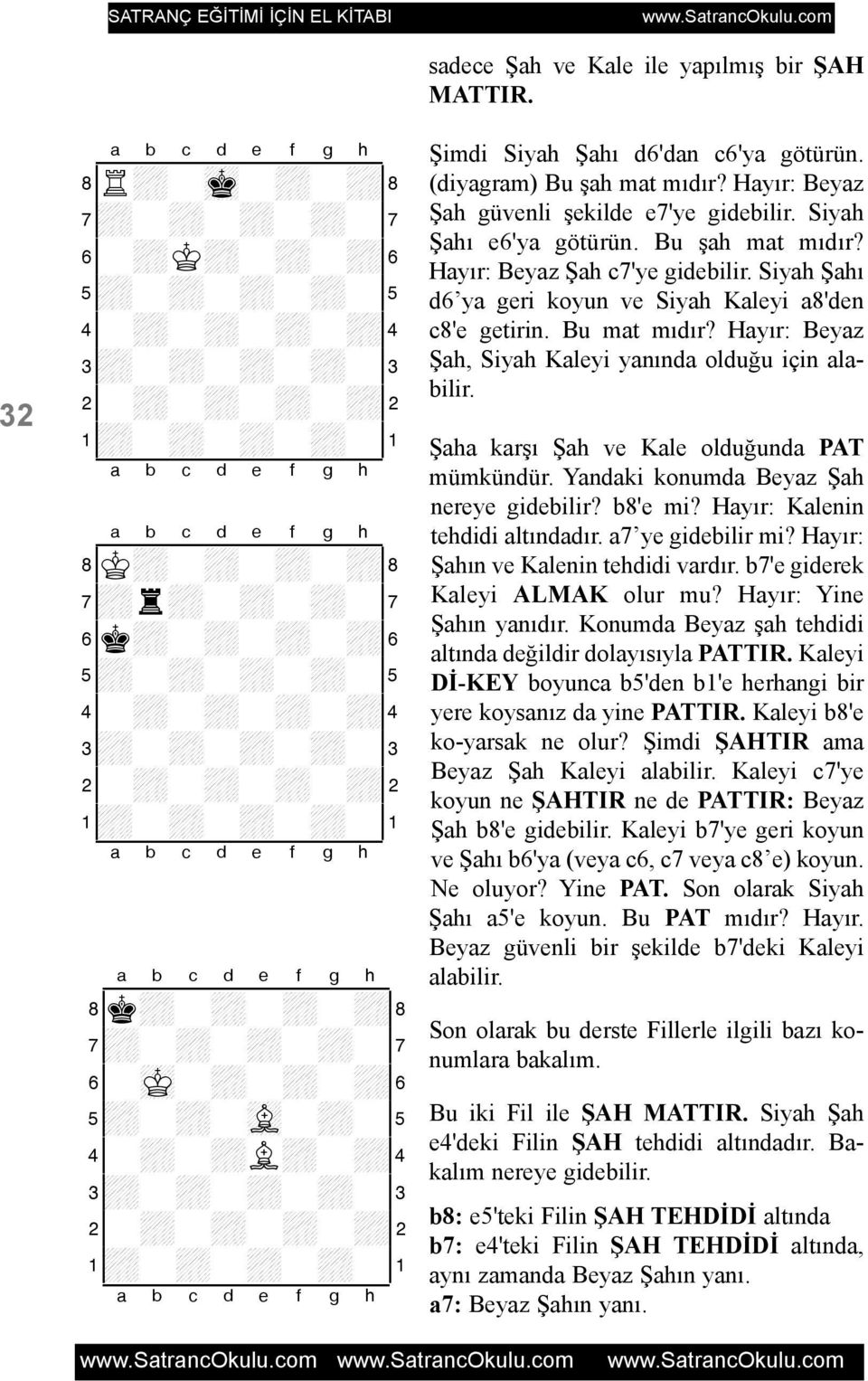 Siyah Þahý d6 ya geri koyun ve Siyah Kaleyi a8'den c8'e getirin. Bu mat mýdýr? Hayýr: Beyaz Þah, Siyah Kaleyi yanýnda olduðu için alabilir. Þaha karþý Þah ve Kale olduðunda PAT mümkündür.