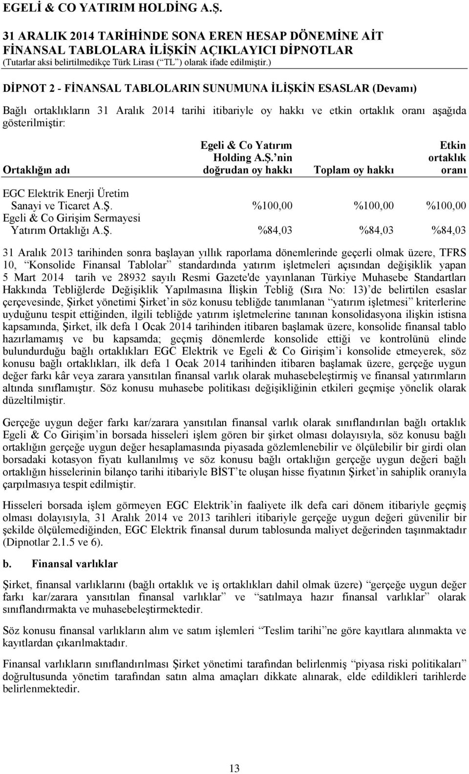 Ş. %84,03 %84,03 %84,03 31 Aralık 2013 tarihinden sonra başlayan yıllık raporlama dönemlerinde geçerli olmak üzere, TFRS 10, Konsolide Finansal Tablolar standardında yatırım işletmeleri açısından