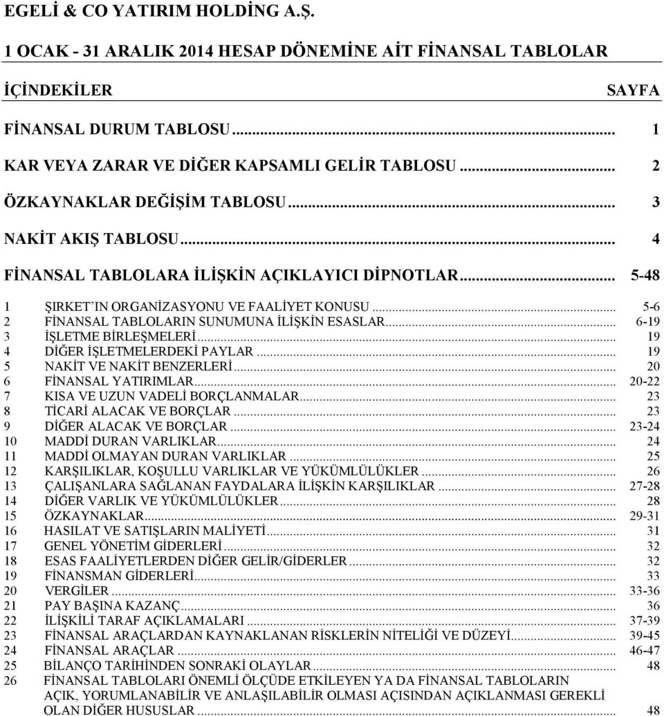 .. 19 4 DİĞER İŞLETMELERDEKİ PAYLAR... 19 5 NAKİT VE NAKİT BENZERLERİ... 20 6 FİNANSAL YATIRIMLAR... 20-22 7 KISA VE UZUN VADELİ BORÇLANMALAR... 23 8 TİCARİ ALACAK VE BORÇLAR.