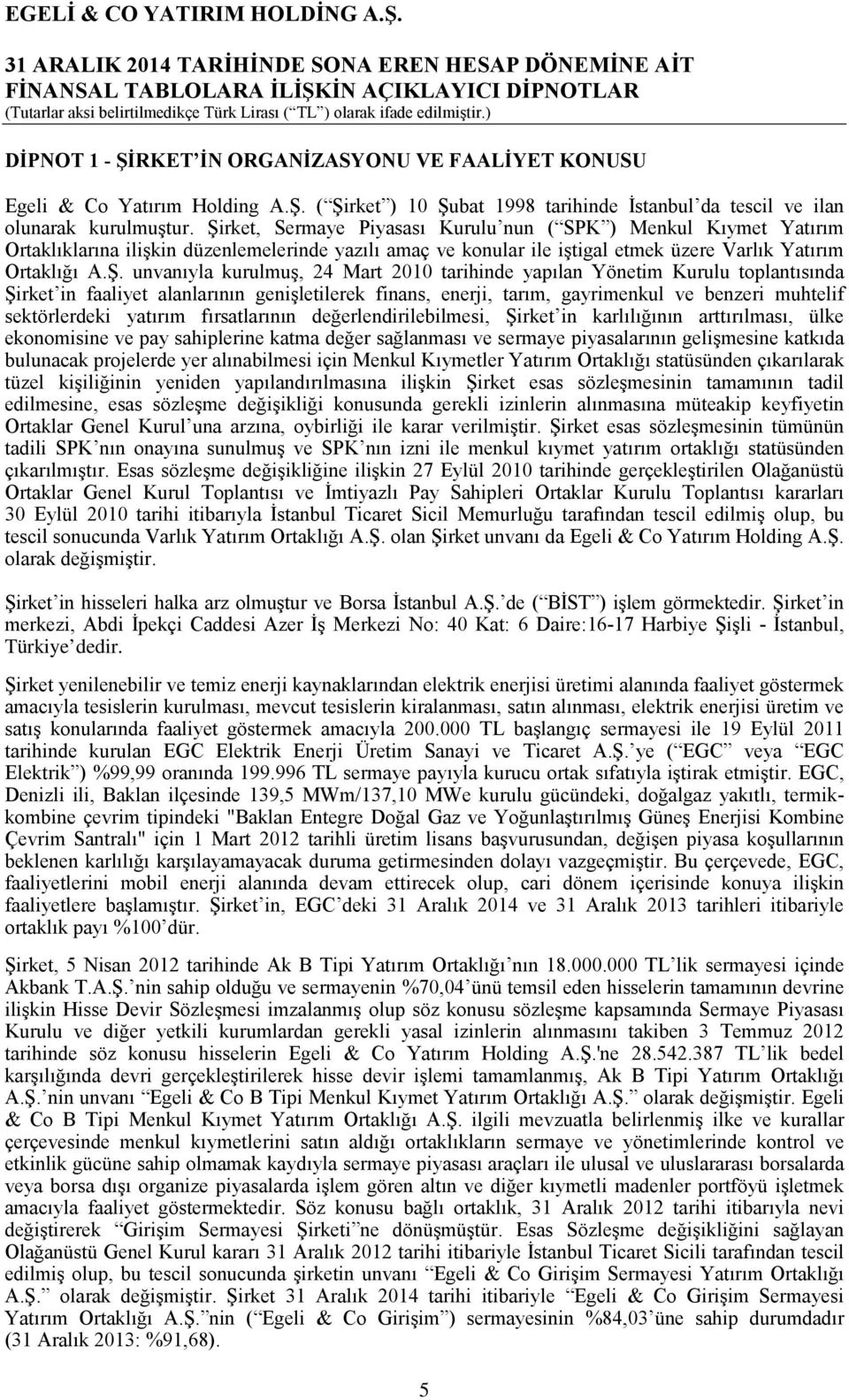 kurulmuş, 24 Mart 2010 tarihinde yapılan Yönetim Kurulu toplantısında Şirket in faaliyet alanlarının genişletilerek finans, enerji, tarım, gayrimenkul ve benzeri muhtelif sektörlerdeki yatırım