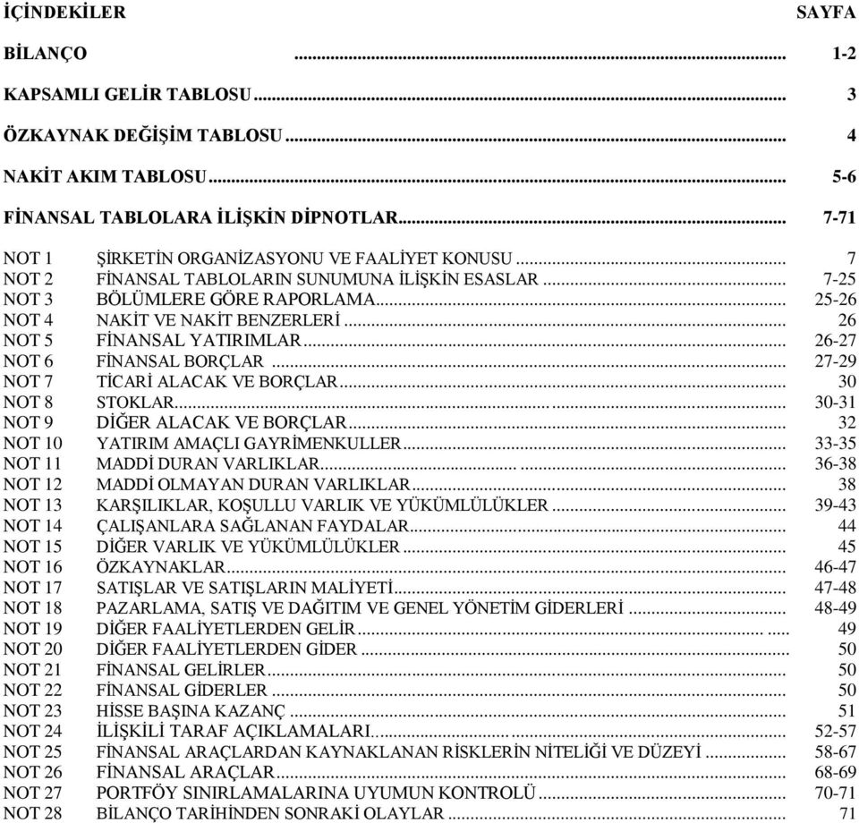 .. 26 NOT 5 FİNANSAL YATIRIMLAR... 26-27 NOT 6 FİNANSAL BORÇLAR... 27-29 NOT 7 TİCARİ ALACAK VE BORÇLAR... 30 NOT 8 STOKLAR...... 30-31 NOT 9 DİĞER ALACAK VE BORÇLAR.