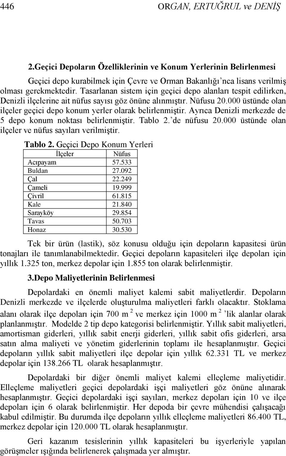 Ayrıca Denizli erezde de 5 depo onu notası belirleniģtir. Tablo 2. de nüfusu 20.000 üstünde olan ilçeler ve nüfus sayıları veriliģtir. Tablo 2. Geçici Depo Konu Yerleri Ġlçeler Nüfus Acıpaya 57.