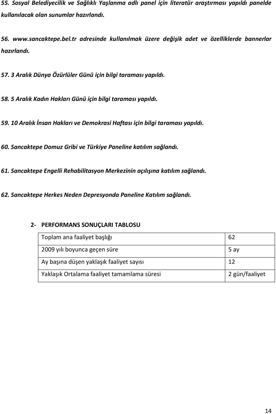 5 Aralık Kadın Hakları Günü için bilgi taraması yapıldı. 59. 10 Aralık İnsan Hakları ve Demokrasi Haftası için bilgi taraması yapıldı. 60. Sancaktepe Domuz Gribi ve Türkiye Paneline katılım sağlandı.