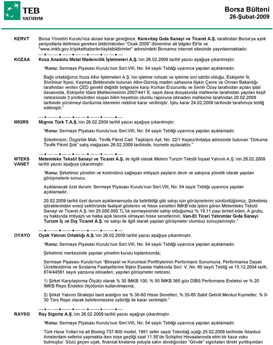 tr/şirkethaberleri/aylıkbildirimler" adresindeki Borsamız internet sitesinde yayınlanmaktadır. Koza Anadolu Metal Madencilik İşletmeleri A.Ş. nin 26.02.2009 tarihli yazısı aşağıya çıkarılmıştır.