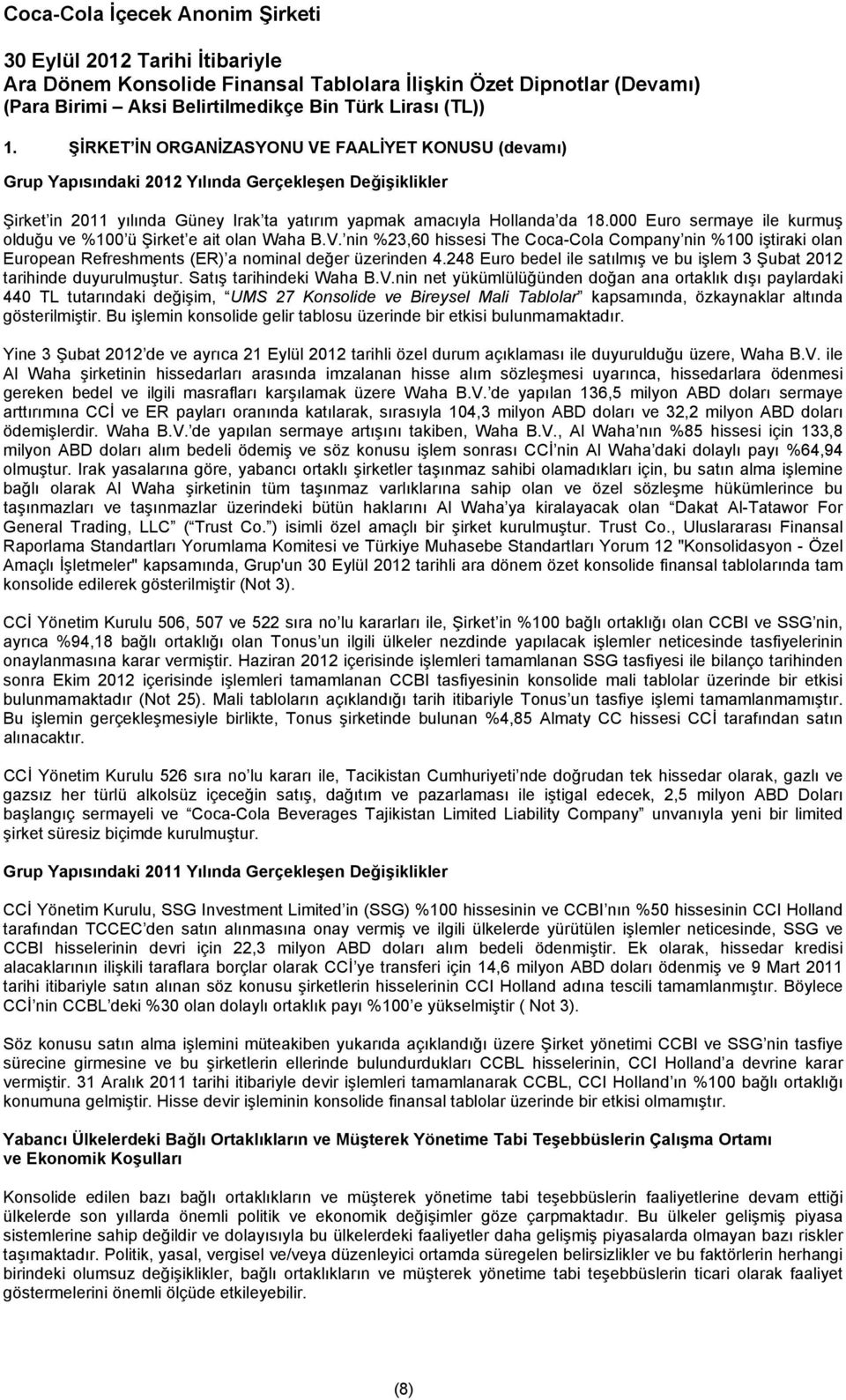 248 Euro bedel ile satılmış ve bu işlem 3 Şubat 2012 tarihinde duyurulmuştur. Satış tarihindeki Waha B.V.