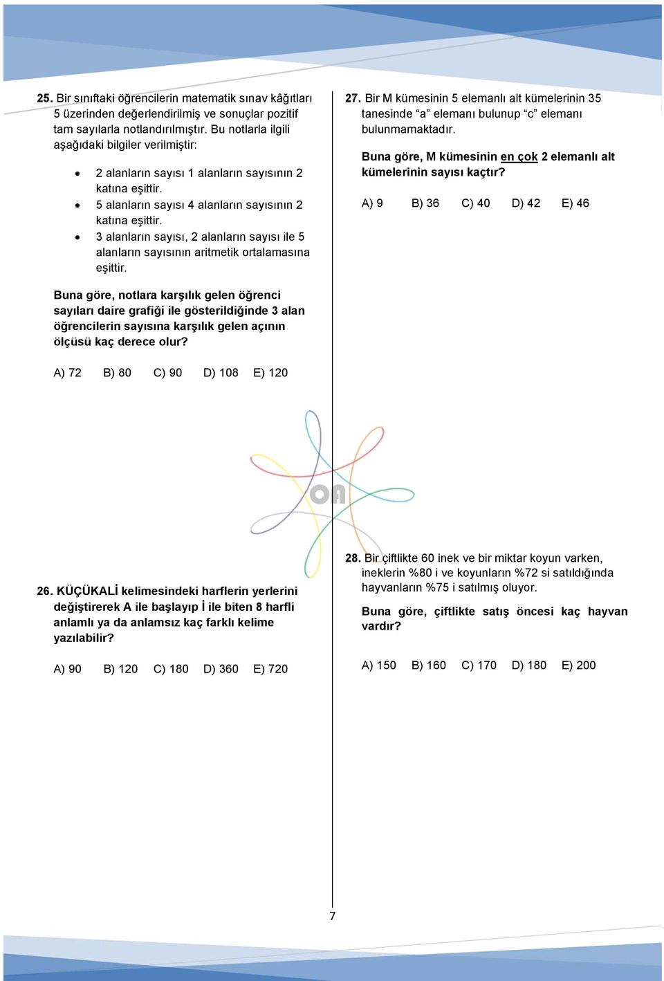 alanların sayısı, alanların sayısı ile alanların sayısının aritmetik ortalamasına eşittir. 7. ir M kümesinin elemanlı alt kümelerinin tanesinde a elemanı bulunup c elemanı bulunmamaktadır.