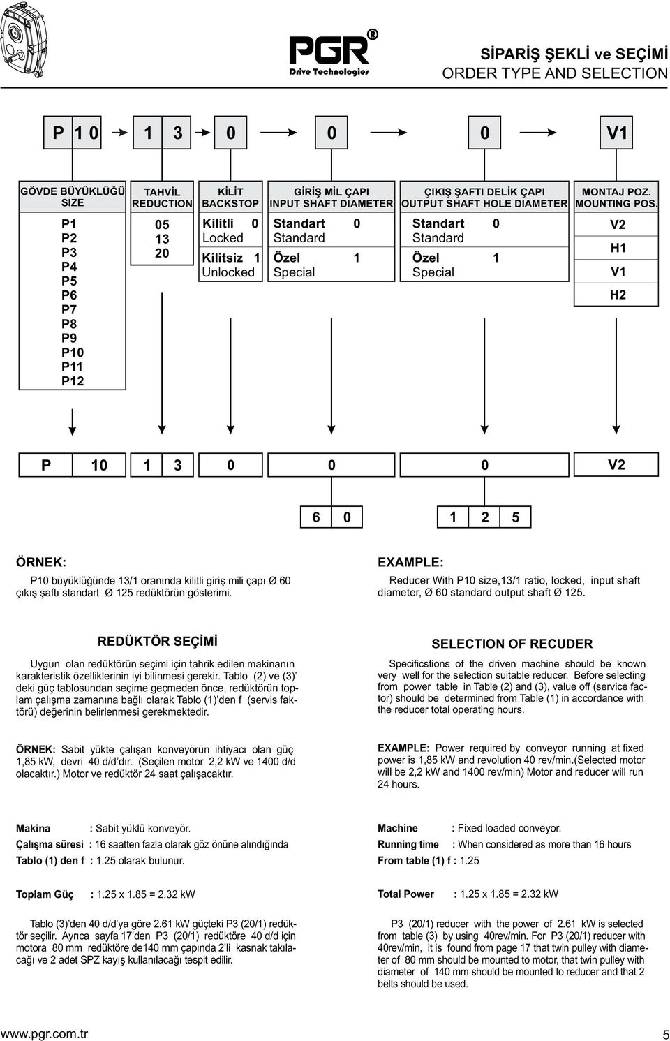 V2 H1 V1 H2 P 1 3 0 0 0 V2 6 0 1 2 5 ÖRNEK: P büyüklüğünde 13/1 oranında kilitli giriş mili çapı Ø 60 çıkış şaftı standart Ø redüktörün gösterimi.