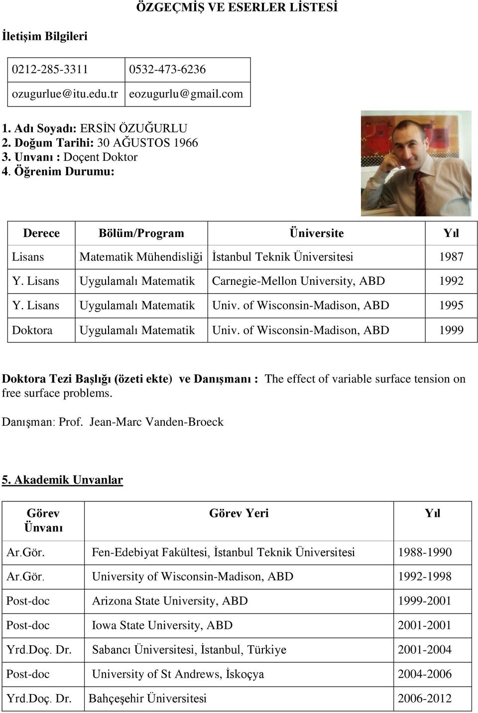 Lisans Uygulamalı Matematik Carnegie-Mellon University, ABD 1992 Y. Lisans Uygulamalı Matematik Univ. of Wisconsin-Madison, ABD 1995 Doktora Uygulamalı Matematik Univ.