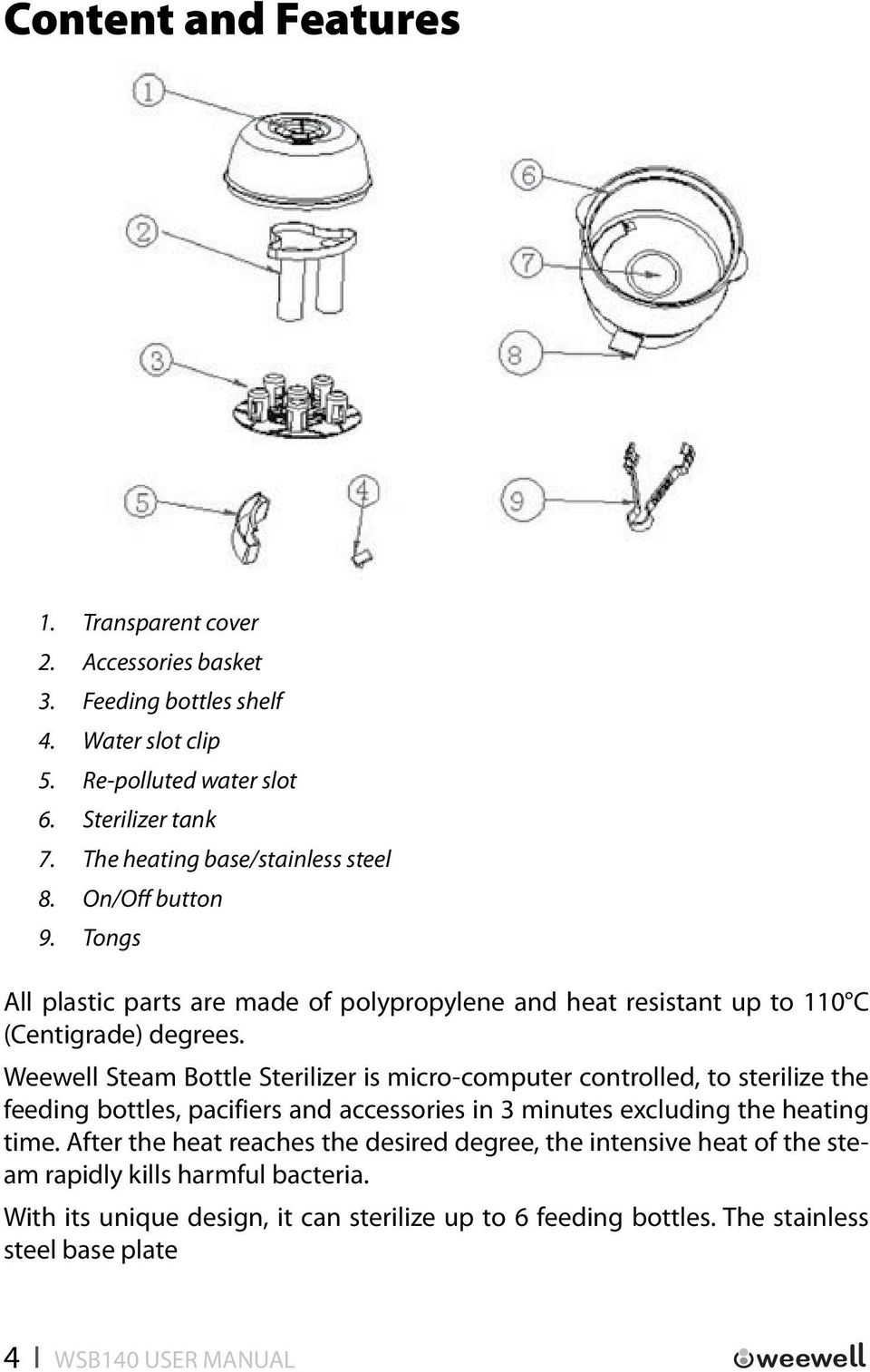 Weewell Steam Bottle Sterilizer is micro-computer controlled, to sterilize the feeding bottles, pacifiers and accessories in 3 minutes excluding the heating time.