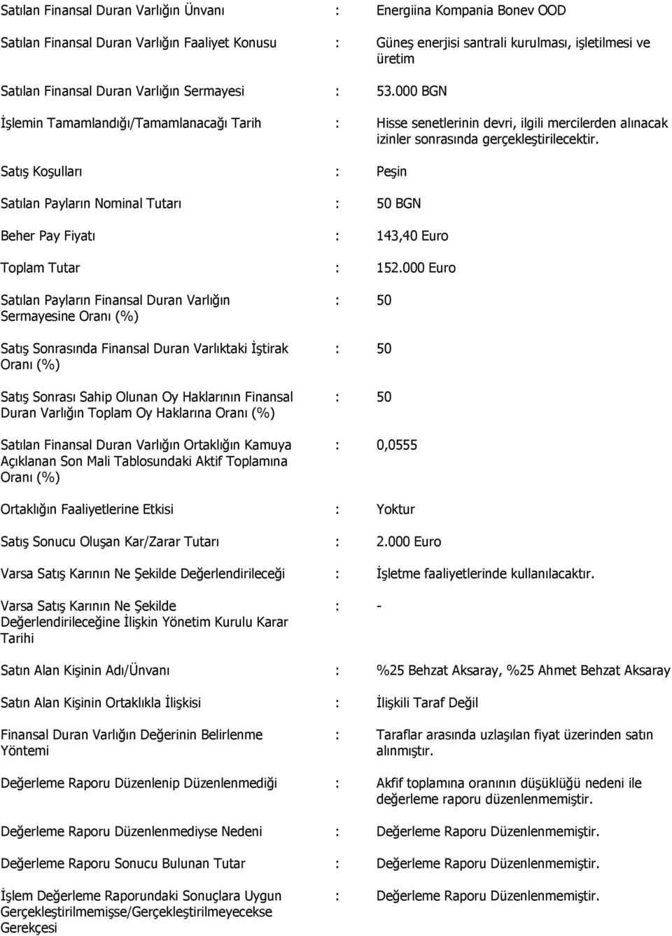 Satış Koşulları : Peşin Satılan Payların Nominal Tutarı : 50 BGN Beher Pay Fiyatı : 143,40 Euro Toplam Tutar : 152.