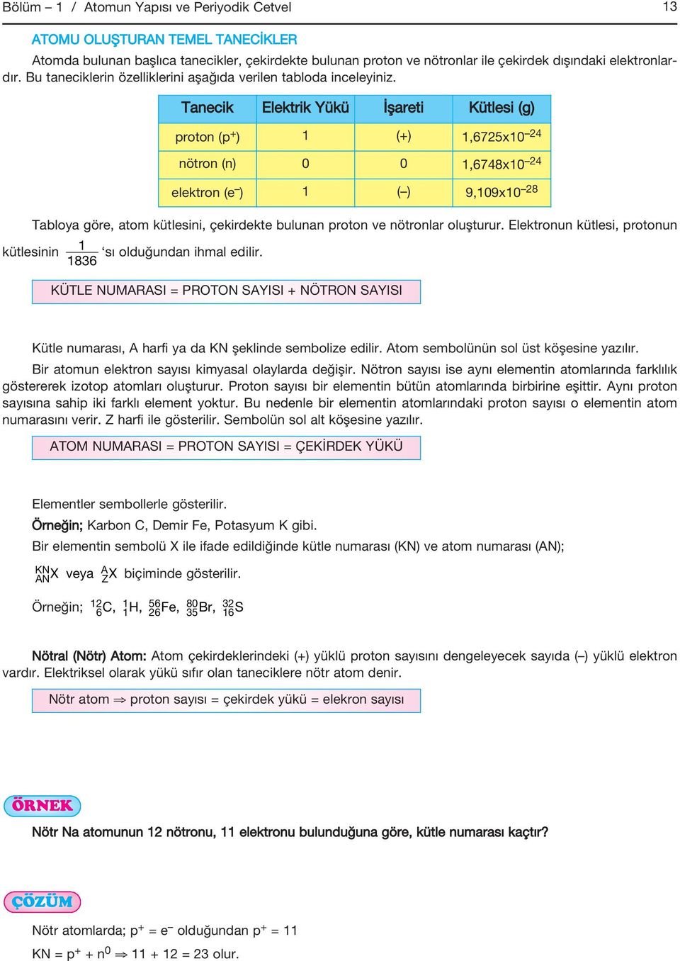 kütlesinin Tanecik Elektrik Yükü İşareti Kütlesi (g) proton (p + ) 1 (+) 1,6725x10 24 nötron (n) 0 0 1,6748x10 24 elektron (e ) 1 ( ) 9,109x10 28 Tabloya göre, atom kütlesini, çekirdekte bulunan