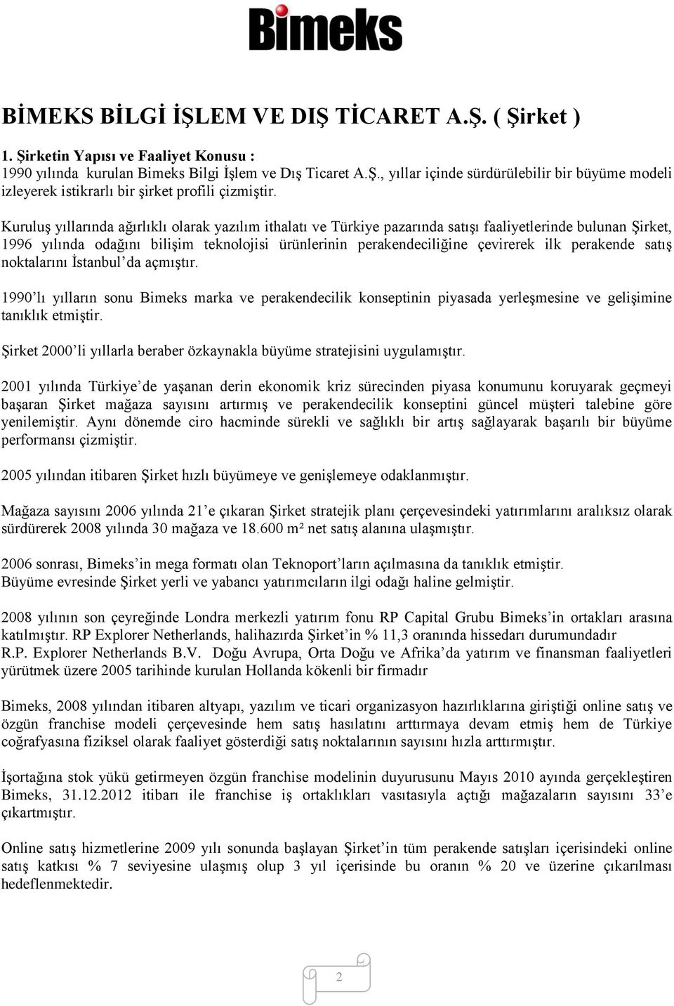 perakende satış noktalarını İstanbul da açmıştır. 1990 lı yılların sonu Bimeks marka ve perakendecilik konseptinin piyasada yerleşmesine ve gelişimine tanıklık etmiştir.