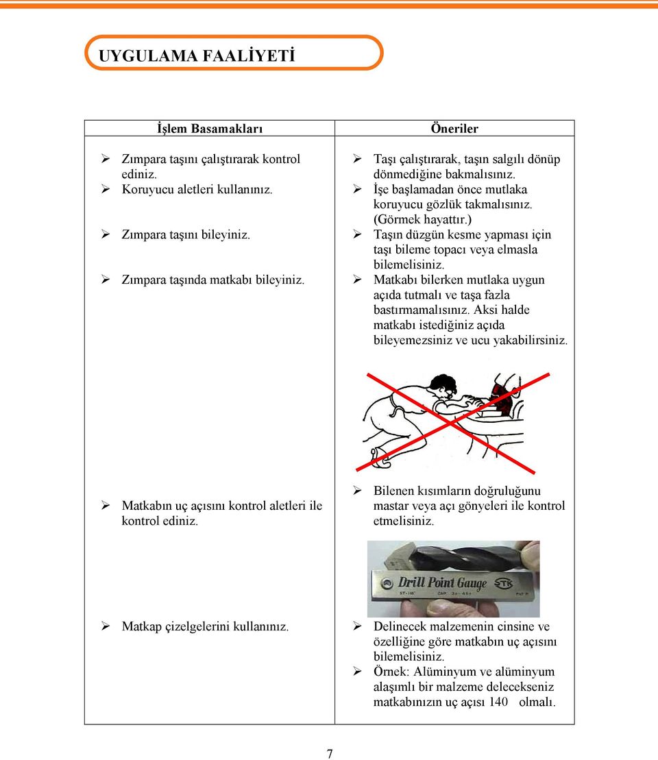 ) Taşın düzgün kesme yapması için taşı bileme topacı veya elmasla bilemelisiniz. Matkabı bilerken mutlaka uygun açıda tutmalı ve taşa fazla bastırmamalısınız.