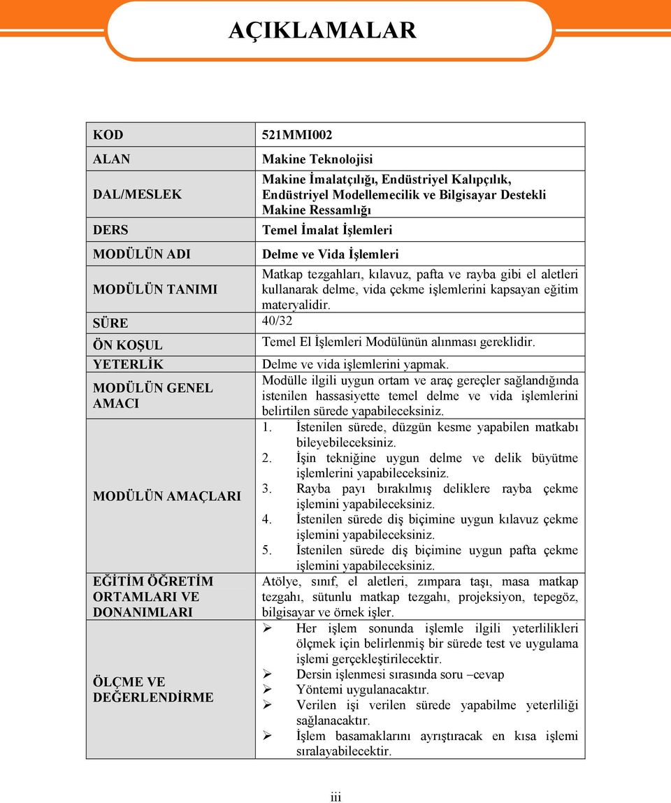 SÜRE 40/32 ÖN KOŞUL Temel El İşlemleri Modülünün alınması gereklidir.