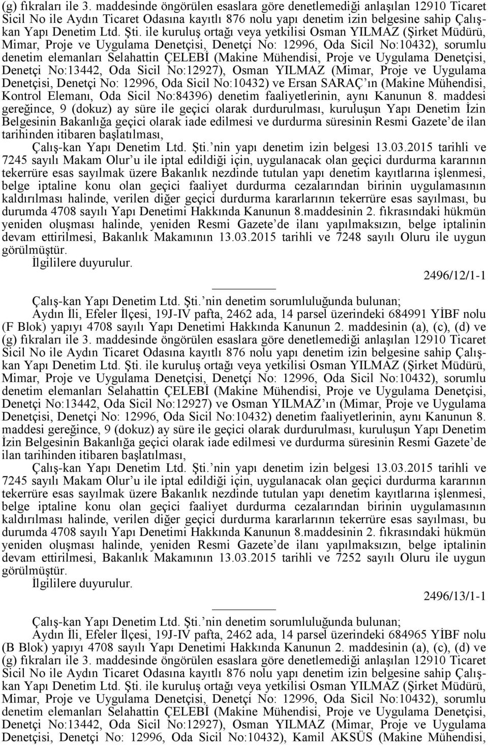 ile kuruluş ortağı veya yetkilisi Osman YILMAZ (Şirket Müdürü, Mimar, Proje ve Uygulama Denetçisi, Denetçi No: 12996, Oda Sicil No:10432), sorumlu denetim elemanları Selahattin ÇELEBİ (Makine