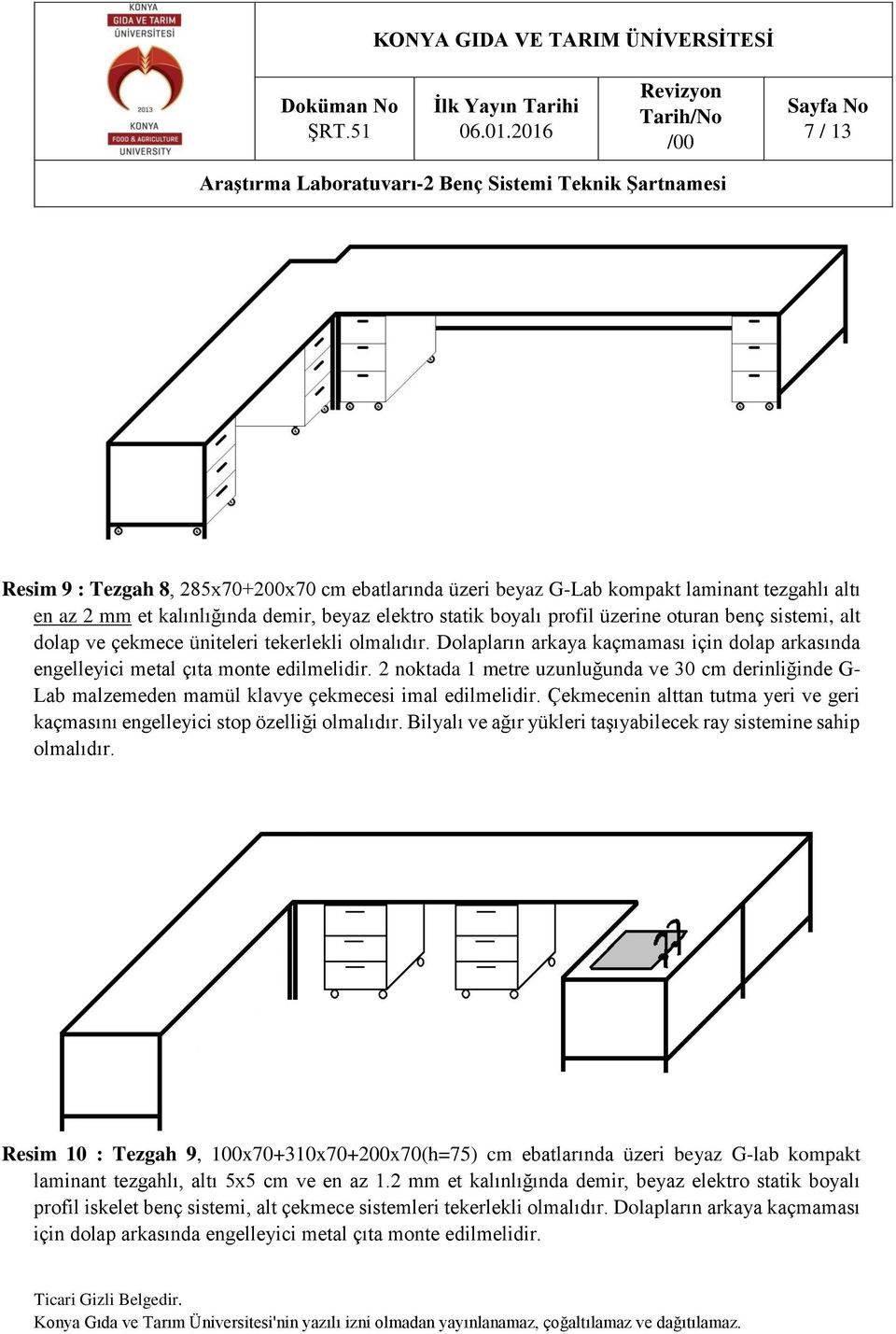 2 noktada 1 metre uzunluğunda ve 30 cm derinliğinde G- Lab malzemeden mamül klavye çekmecesi imal edilmelidir. Çekmecenin alttan tutma yeri ve geri kaçmasını engelleyici stop özelliği olmalıdır.