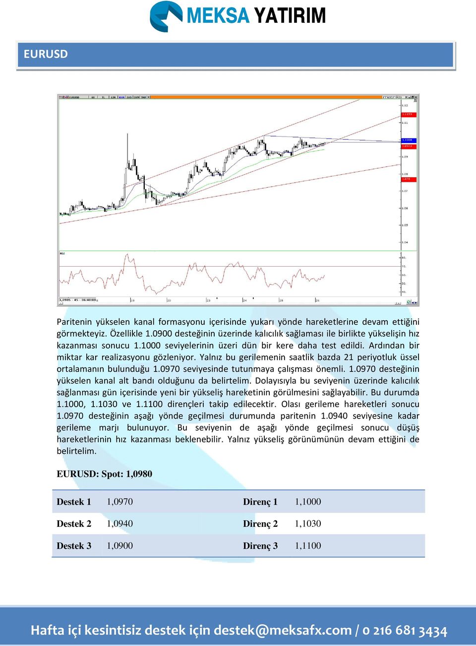 Yalnız bu gerilemenin saatlik bazda 21 periyotluk üssel ortalamanın bulunduğu 1.0970 seviyesinde tutunmaya çalışması önemli. 1.0970 desteğinin yükselen kanal alt bandı olduğunu da belirtelim.