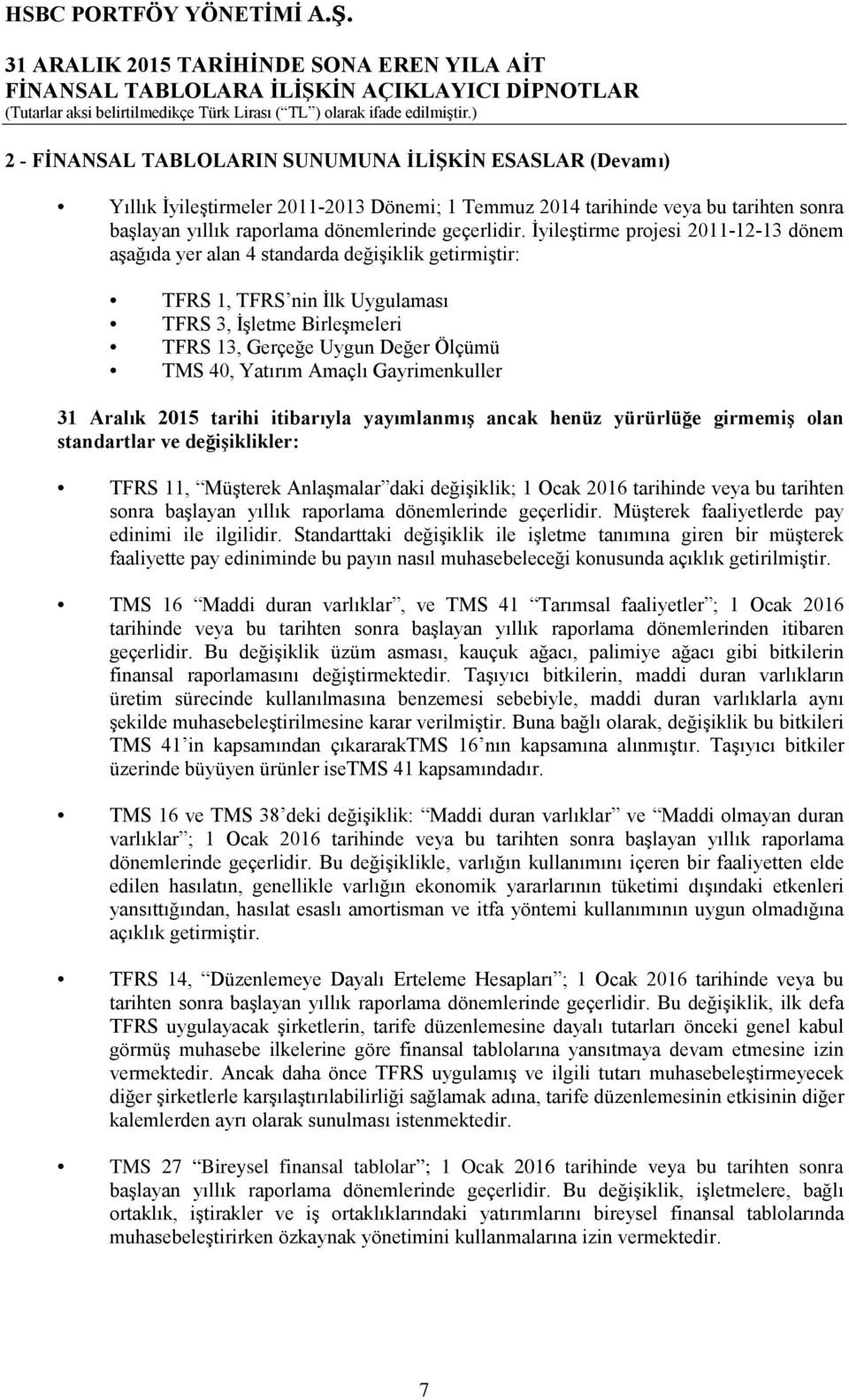 Yatırım Amaçlı Gayrimenkuller 31 Aralık 2015 tarihi itibarıyla yayımlanmış ancak henüz yürürlüğe girmemiş olan standartlar ve değişiklikler: TFRS 11, Müşterek Anlaşmalar daki değişiklik; 1 Ocak 2016