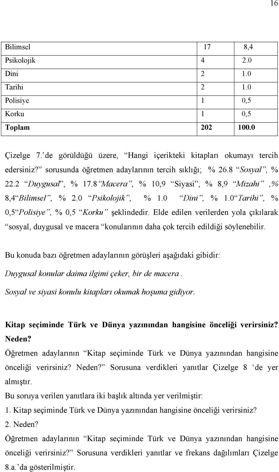 0 Tarihi, % 0,5 Polisiye, % 0,5 Korku şeklindedir. Elde edilen verilerden yola çıkılarak sosyal, duygusal ve macera konularının daha çok tercih edildiği söylenebilir.