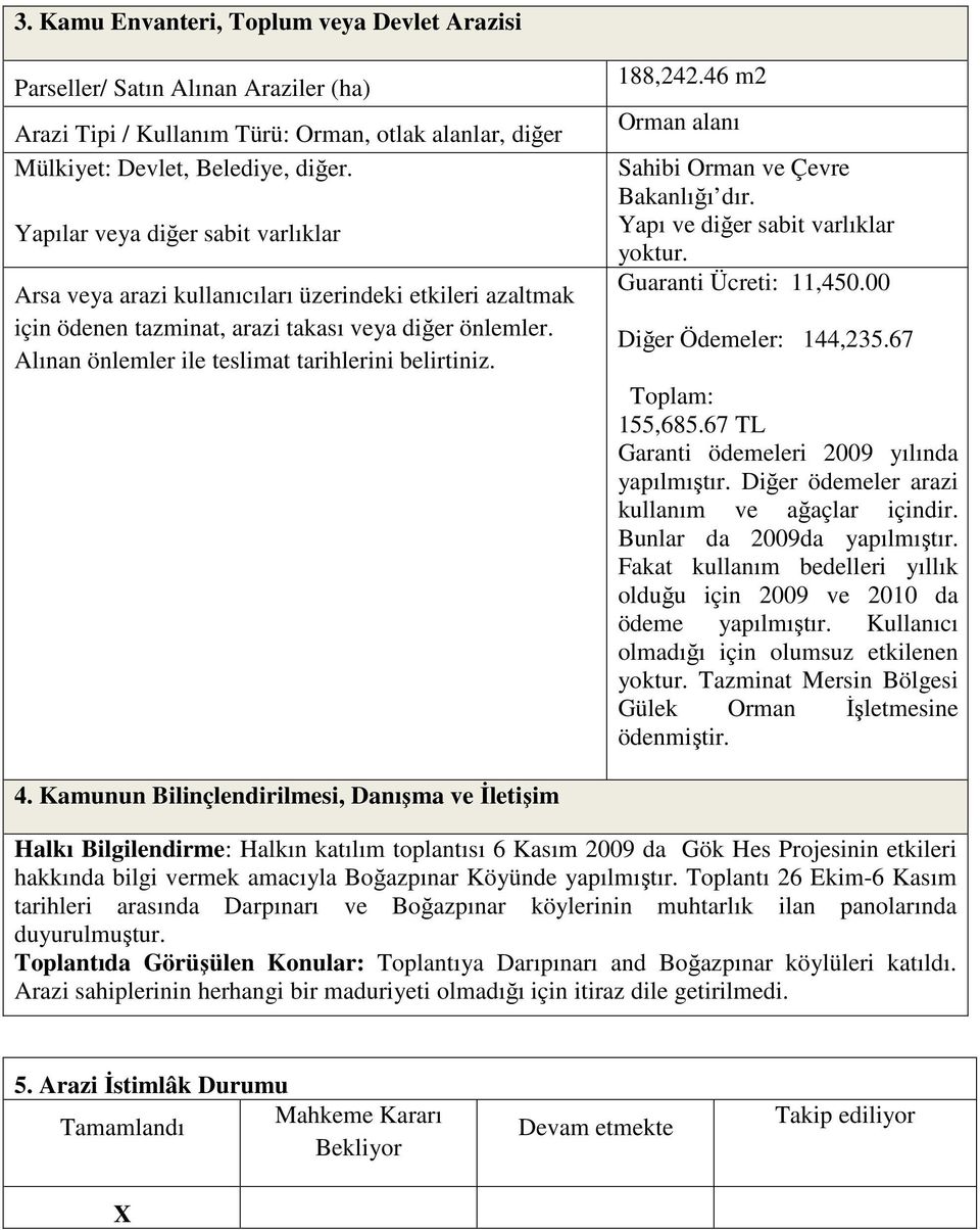 Alınan önlemler ile teslimat tarihlerini belirtiniz. 188,242.46 m2 Orman alanı Sahibi Orman ve Çevre Bakanlığı dır. Yapı ve diğer sabit varlıklar yoktur. Guaranti Ücreti: 11,450.