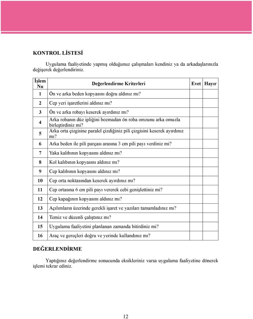 4 5 Arka robanın düz ipliğini bozmadan ön roba omzunu arka omuzla birleştirdiniz mi? Arka orta çizgisine paralel çizdiğiniz pili çizgisini keserek ayırdınız mı?