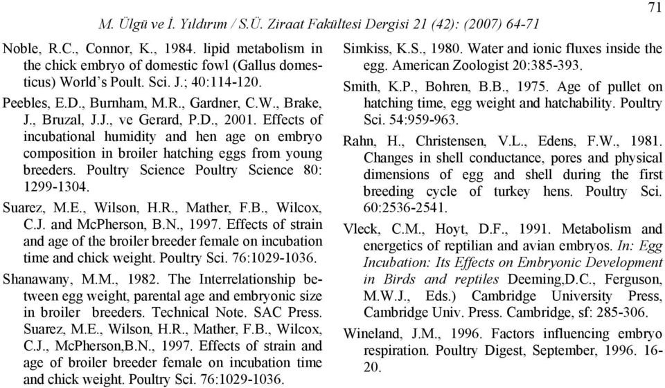 Suarez, M.E., Wilson, H.R., Mather, F.B., Wilcox, C.J. and McPherson, B.N., 1997. Effects of strain and age of the broiler breeder female on incubation time and chick weight. Poultry Sci.