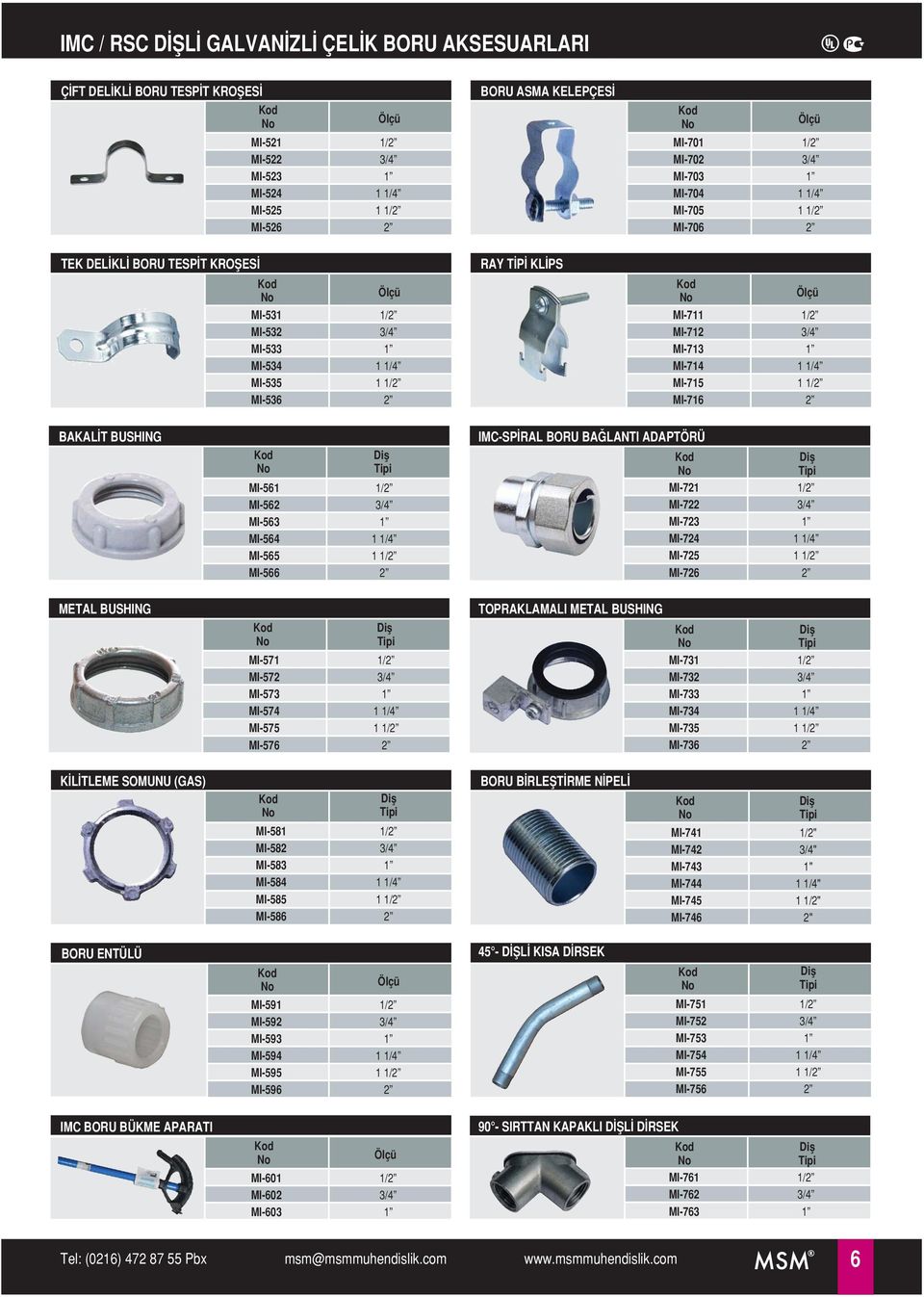 MI-564 1 1/4 MI-565 1 MI-566 2 IMC-SP RAL BORU BA LANTI ADAPTÖRÜ MI-721 MI-722 MI-723 MI-724 1 1/4 MI-725 1 MI-726 2 METAL BUSHING MI-571 MI-572 MI-573 MI-574 1 1/4 MI-575 1 MI-576 2 TOPRAKLAMALI