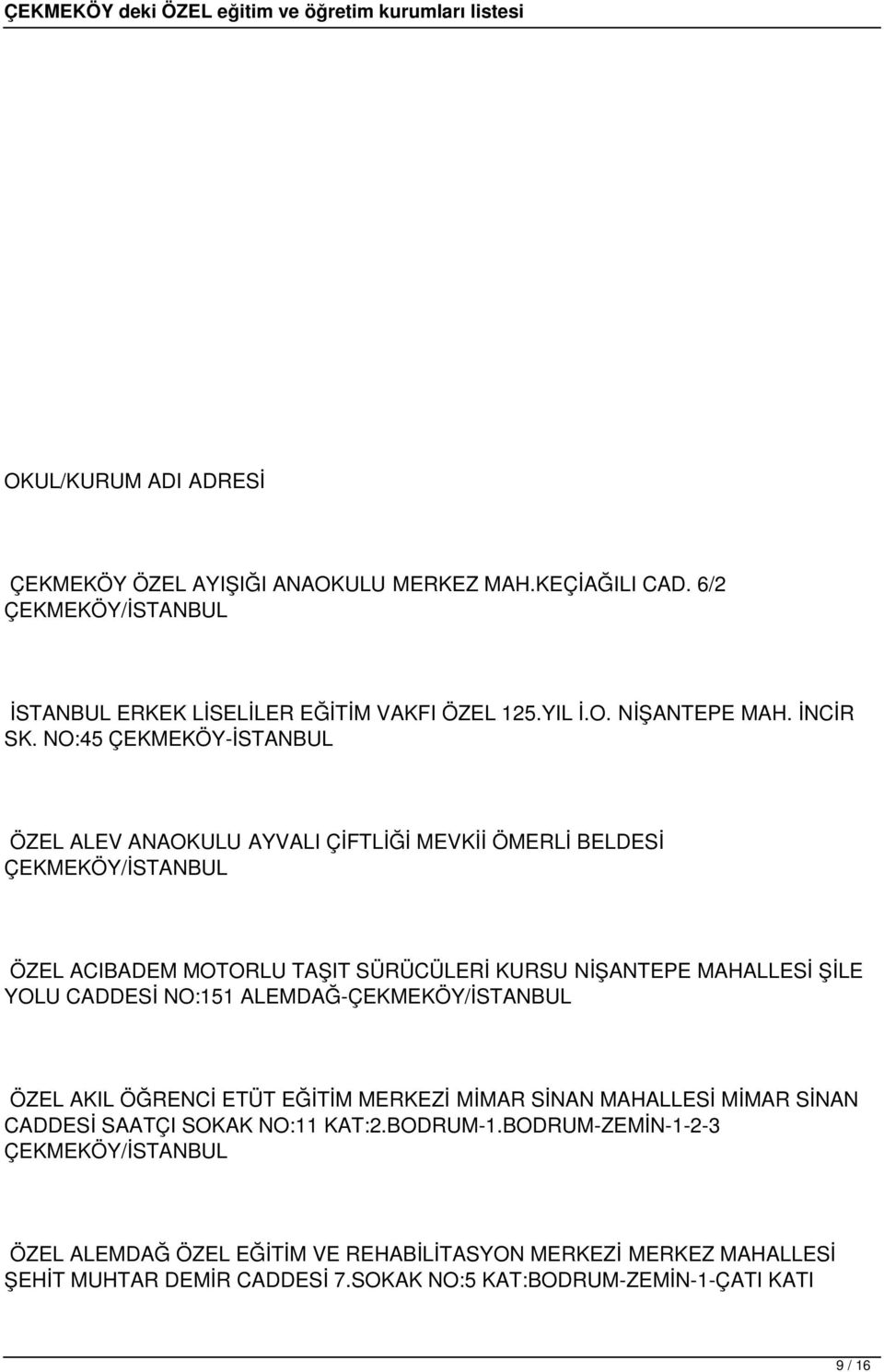 NO:45 ÇEKMEKÖY-İSTANBUL ÖZEL ALEV ANAOKULU AYVALI ÇİFTLİĞİ MEVKİİ ÖMERLİ BELDESİ ÖZEL ACIBADEM MOTORLU TAŞIT SÜRÜCÜLERİ KURSU NİŞANTEPE MAHALLESİ ŞİLE