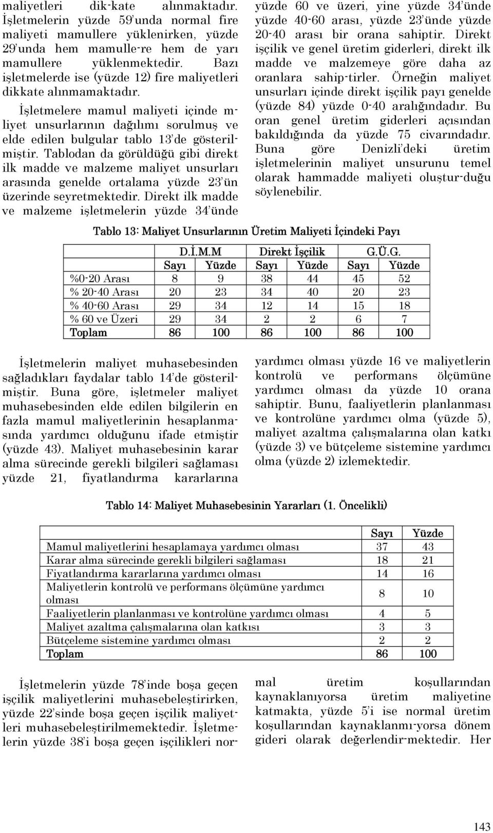 Tablodan da görüldüğü gibi direkt ilk madde ve malzeme maliyet unsurları arasında genelde ortalama yüzde 23 ün üzerinde seyretmektedir.